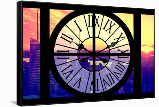Giant Clock Window - View on the New York City at Sunset-Philippe Hugonnard-Framed Stretched Canvas