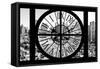 Giant Clock Window - View on the New York City - B&W Hell's Kitchen District-Philippe Hugonnard-Framed Stretched Canvas