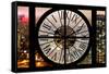 Giant Clock Window - View on the New York City with Foggy Night-Philippe Hugonnard-Framed Stretched Canvas