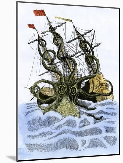 Giant Octopus Attacking a Sailing-Ship-null-Mounted Giclee Print