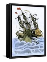 Giant Octopus Attacking a Sailing-Ship-null-Framed Stretched Canvas