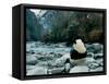 Giant Panda Eating Bamboo by the River, Wolong Panda Reserve, Sichuan, China-Keren Su-Framed Stretched Canvas