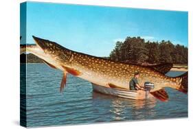 Giant Pike in Boat-null-Stretched Canvas