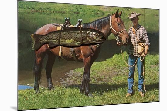 Giant Trout Strapped on Horse-null-Mounted Art Print