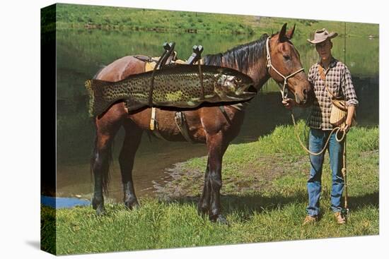 Giant Trout Strapped on Horse-null-Stretched Canvas