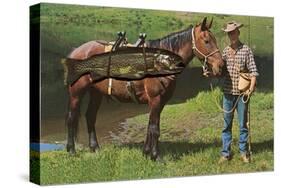 Giant Trout Strapped on Horse-null-Stretched Canvas