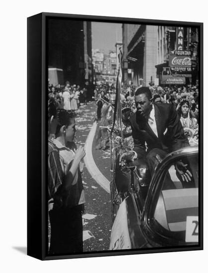 Giants Player Willie Mays Riding in Parade Prior to Opening Game-Leonard Mccombe-Framed Stretched Canvas