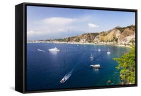 Giardini Naxos Bay, Boats in the Harbor at Taormina, Sicily, Italy, Mediterranean, Europe-Matthew Williams-Ellis-Framed Stretched Canvas