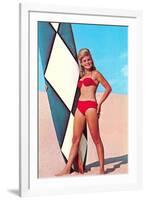 Gidget with Long Board, Retro-null-Framed Art Print