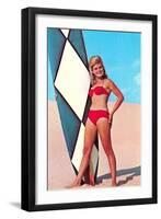 Gidget with Long Board, Retro-null-Framed Art Print