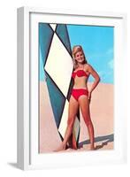 Gidget with Long Board, Retro-null-Framed Art Print