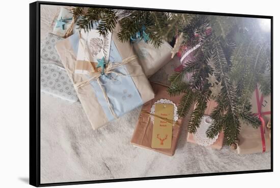Gift Boxes under Christmas Tree, Munich, Bavaria, Germany-Dario Secen-Framed Stretched Canvas