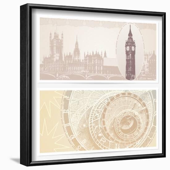 Gift Voucher (Coupon) Template with Guilloche Pattern (Watermarks) and Landmarks-Flame of life-Framed Art Print