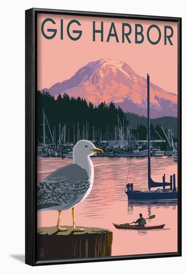 Gig Harbor, Washington - Marina and Rainier at Sunset-Lantern Press-Framed Art Print