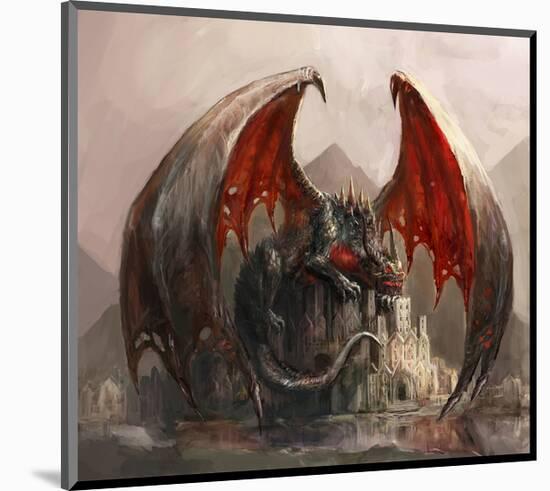 Gigantic Fire Dragon & Castle-null-Mounted Art Print