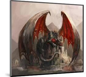 Gigantic Fire Dragon & Castle-null-Mounted Art Print