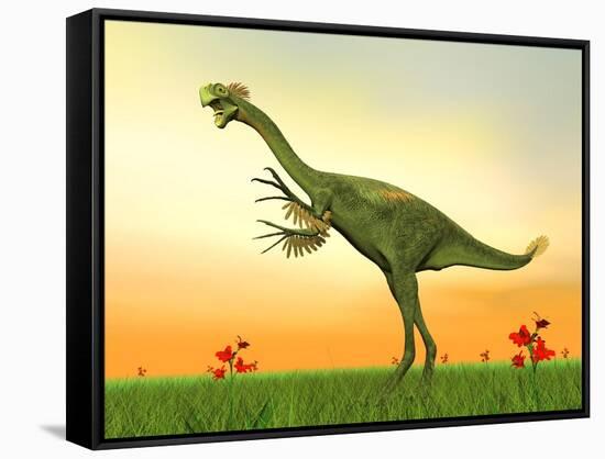 Gigantoraptor Dinosaur on Green Grass by Sunset-null-Framed Stretched Canvas
