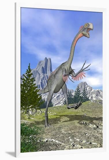 Gigantoraptor Dinosaur Running in the Mountains-null-Framed Art Print