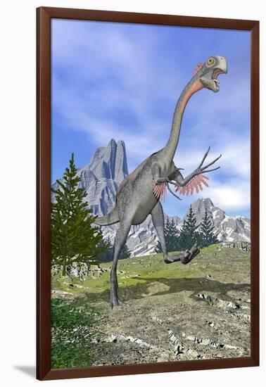 Gigantoraptor Dinosaur Running in the Mountains-null-Framed Art Print
