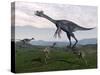 Gigantoraptor Surrounded by Small Mononykus Dinosaurs-Stocktrek Images-Stretched Canvas