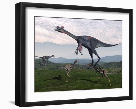 Gigantoraptor Surrounded by Small Mononykus Dinosaurs-Stocktrek Images-Framed Art Print