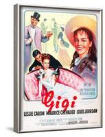 Gigi, Maurice Chevalier, Louis Jourdan, Leslie Caron on French poster art, 1958-null-Framed Art Print