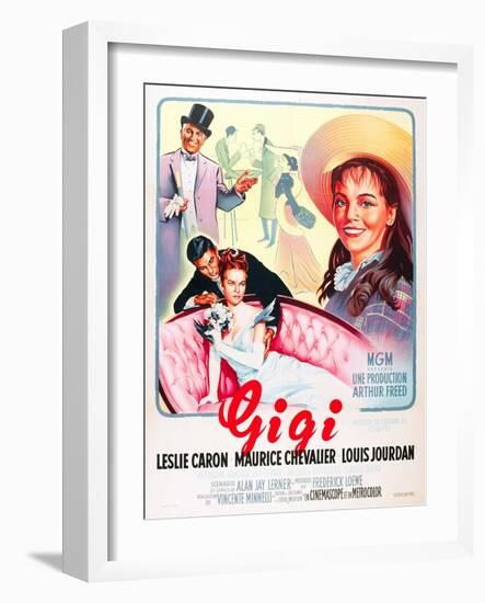 Gigi, Maurice Chevalier, Louis Jourdan, Leslie Caron on French poster art, 1958-null-Framed Art Print