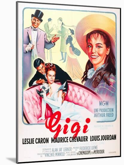 Gigi, Maurice Chevalier, Louis Jourdan, Leslie Caron on French poster art, 1958-null-Mounted Art Print