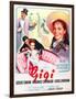 Gigi, Maurice Chevalier, Louis Jourdan, Leslie Caron on French poster art, 1958-null-Framed Art Print