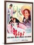 Gigi, Maurice Chevalier, Louis Jourdan, Leslie Caron on French poster art, 1958-null-Framed Art Print