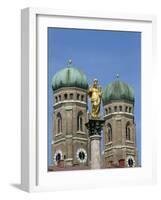 Gilded Statue in the Marienplatz and Towers of the Frauenkirche in Munich, Bavaria, Germany, Europe-Hans Peter Merten-Framed Photographic Print