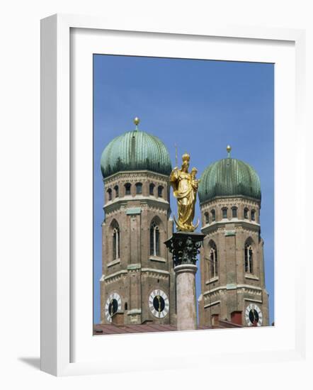 Gilded Statue in the Marienplatz and Towers of the Frauenkirche in Munich, Bavaria, Germany, Europe-Hans Peter Merten-Framed Photographic Print