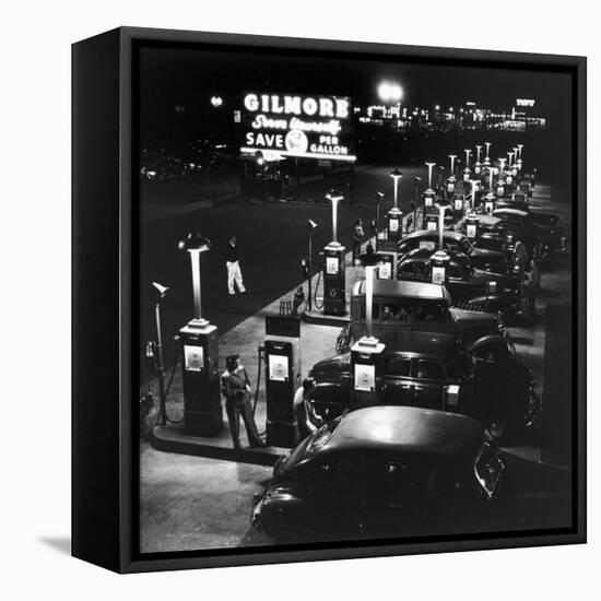 Gilmore Gas Station Featuring Eight Islands, Three Pumps Each, Girl Makes Change Every Two Islands-Allan Grant-Framed Stretched Canvas