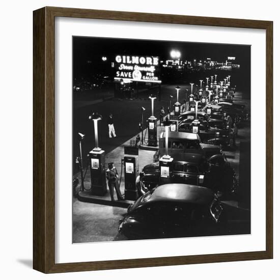 Gilmore Gas Station Featuring Eight Islands, Three Pumps Each, Girl Makes Change Every Two Islands-Allan Grant-Framed Photographic Print