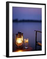 Gin and Tonic by the Light of Hurricane Lamp, Looking Out over the Zambezi River, Zambia-John Warburton-lee-Framed Photographic Print