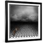 Ginger Cat Sitting In Empty, Dark, Psychedelic Image With Black And White Checker Floor-IngaLinder-Framed Art Print