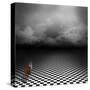 Ginger Cat Sitting In Empty, Dark, Psychedelic Image With Black And White Checker Floor-IngaLinder-Stretched Canvas