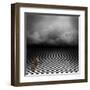 Ginger Cat Sitting In Empty, Dark, Psychedelic Image With Black And White Checker Floor-IngaLinder-Framed Art Print