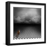 Ginger Cat Sitting In Empty, Dark, Psychedelic Image With Black And White Checker Floor-IngaLinder-Framed Art Print