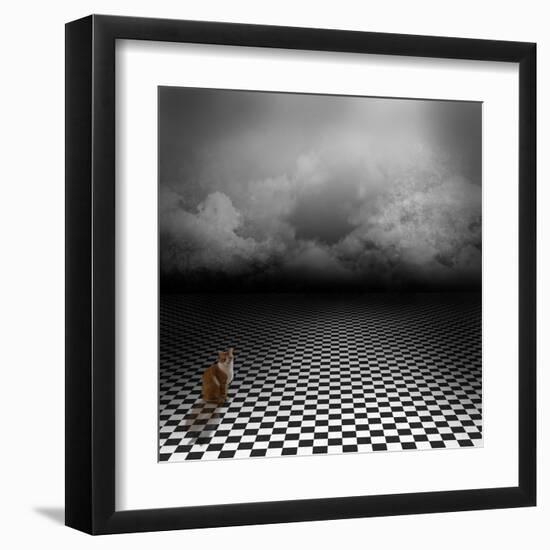 Ginger Cat Sitting In Empty, Dark, Psychedelic Image With Black And White Checker Floor-IngaLinder-Framed Art Print