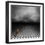 Ginger Cat Sitting In Empty, Dark, Psychedelic Image With Black And White Checker Floor-IngaLinder-Framed Art Print