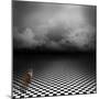 Ginger Cat Sitting In Empty, Dark, Psychedelic Image With Black And White Checker Floor-IngaLinder-Mounted Art Print