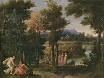 Paysage montagneux, avec un homme assis écoutant deux jeunes filles-Giovanni Francesco Grimaldi-Giclee Print