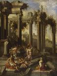 Capricci of Classical Ruins with Water Carriers, Philosophers and Noblemen (Left Panel)-Giovanni Ghisolfi (Circle of)-Framed Giclee Print