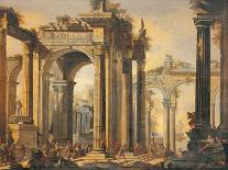 Capriccio of Classical Ruins and Statuary with Figures Conversing-Giovanni Ghisolfi-Giclee Print