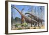 Giraffatitan and Dicraeosaurus Dinosaurs Grazing in a Prehistoric Environment-null-Framed Art Print
