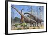 Giraffatitan and Dicraeosaurus Dinosaurs Grazing in a Prehistoric Environment-null-Framed Art Print