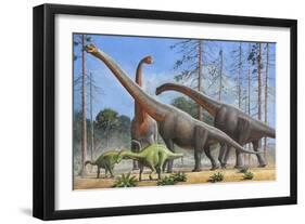 Giraffatitan and Dicraeosaurus Dinosaurs Grazing in a Prehistoric Environment-null-Framed Art Print