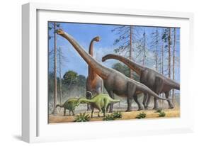 Giraffatitan and Dicraeosaurus Dinosaurs Grazing in a Prehistoric Environment-null-Framed Art Print