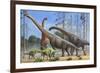 Giraffatitan and Dicraeosaurus Dinosaurs Grazing in a Prehistoric Environment-null-Framed Art Print